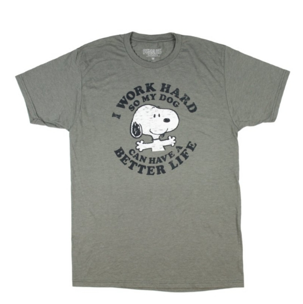 Peanuts Men's Officially Licensed Snoopy I Work Hard Distressed Print T-Shirt